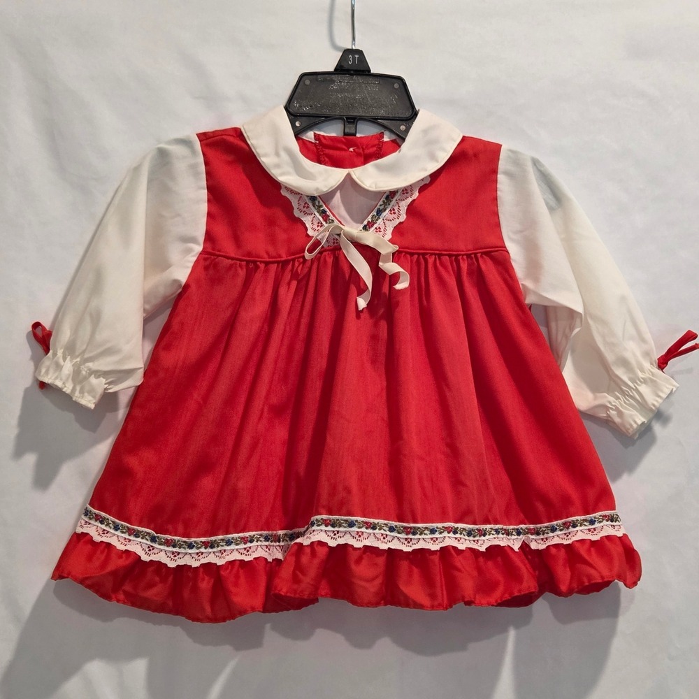 Vintage 80s Alexis Baby Girls Dress 12M Red White Lace Peter Pan Collar Holiday